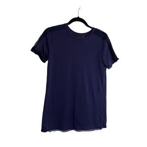 JW Style Navy Blue Pom Pom Short Sleeve Blouse Boho Top Womens Size S